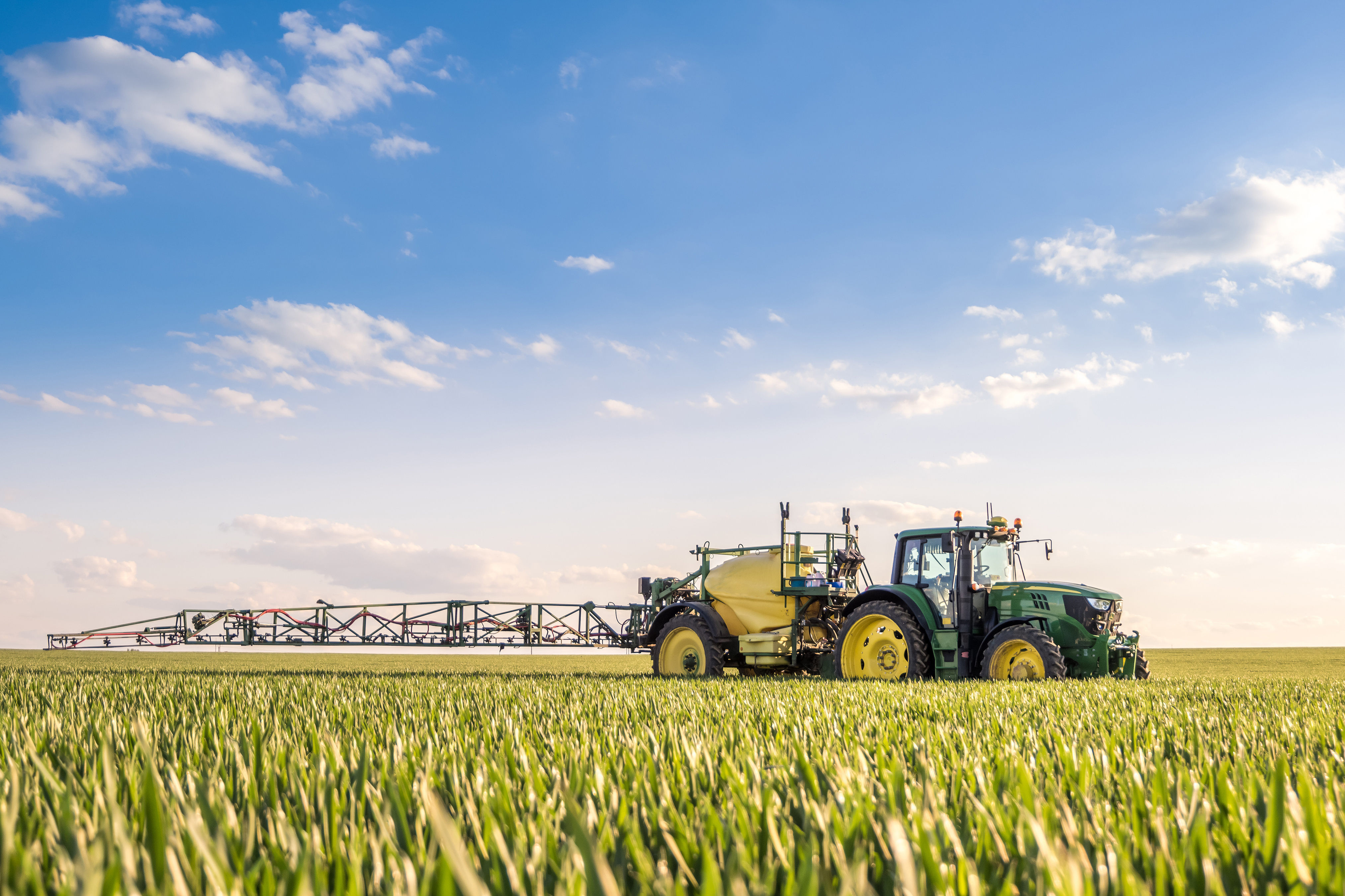 Farmer spraying wheat field with tractor sprayer at spring seaso